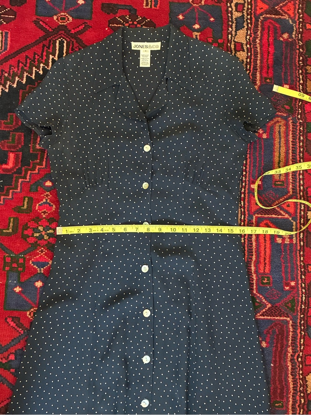 Vintage 90s Jones&Co Navy Polka Dot Midi Dress with back tie - Picture 7 of 13